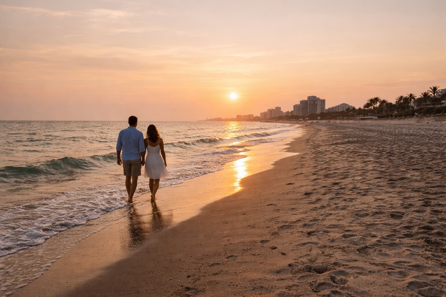 Couple walking on the beach at sunset near Myrtle Beach